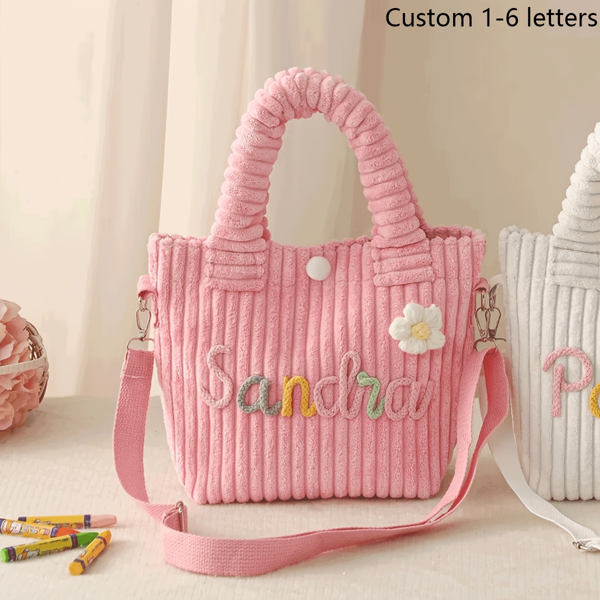 TEMU [customizable] 1pc Personalized Custom Name Corduroy Tote Bag-- Cute & Stylish Crossbody Mini Bag, Versatile Accessory, Party/birthday Gift.