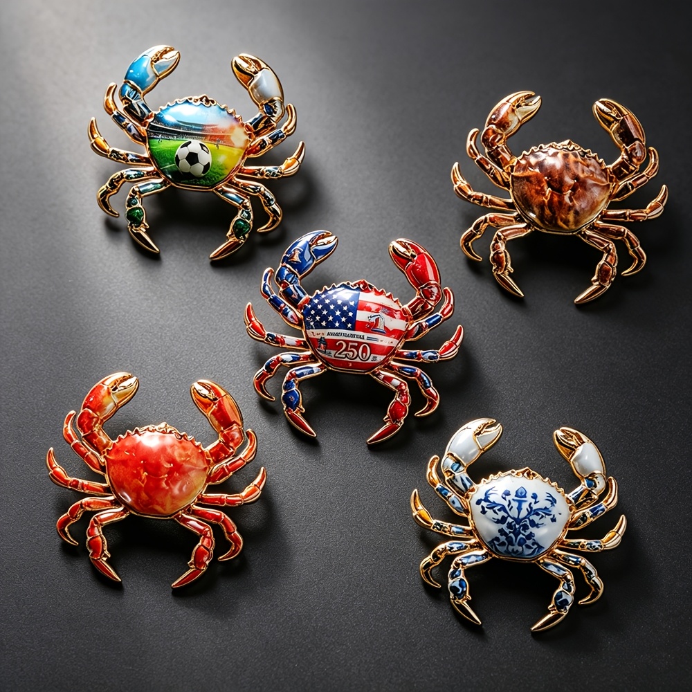 Exquisite Crab Enamel Brooch, Patriotic Football Pin