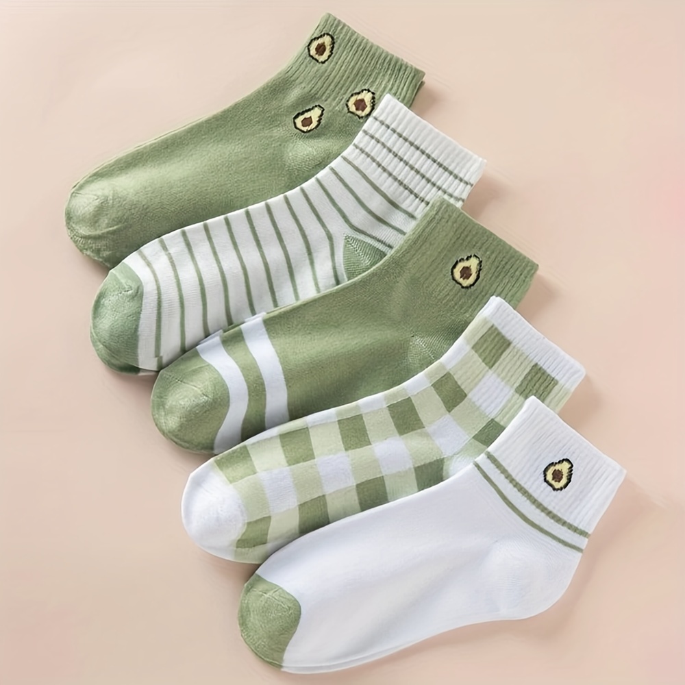 TEMU 5 Pairs Mid Tube Avocado Green Cartoon Socks, Simple Striped Plaid Breathable Versatile Women's Socks