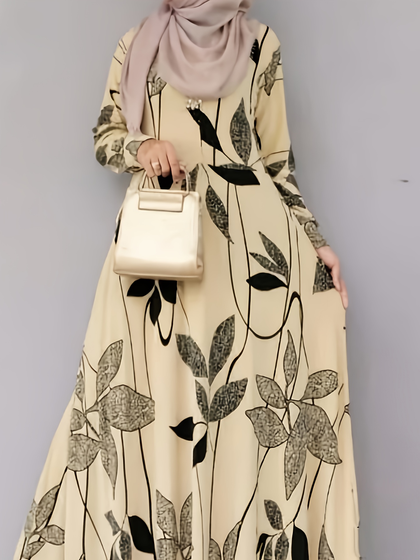 فستان طويل بوهيمي أنيق بطبعة زهور للنساء بأكمام طويلة، لياقة مستديرة