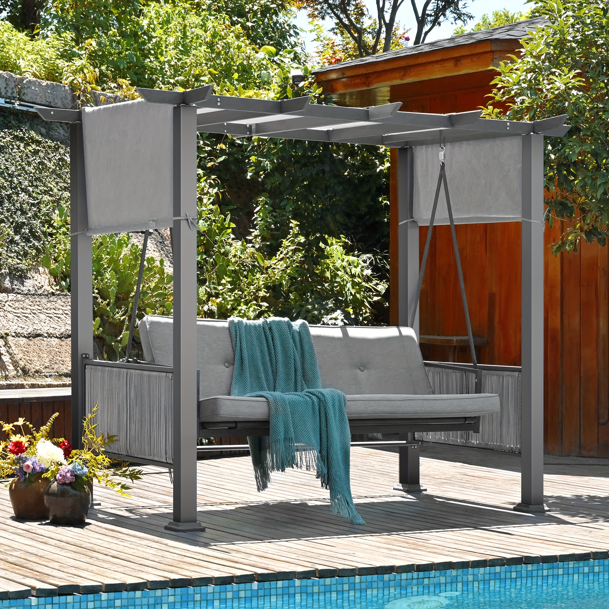 Patiopia 3-Seat Outdoor Porch Swing, Patio Swing Chair with Adjustable Curtains, 2in 1 Porch Swing Bed for Balconies, Gardens And Poolside, Gray, Porch Swing For Outside, Outdoor Patio Swing, Outdoor Furniture, Swing Chair Outdoor