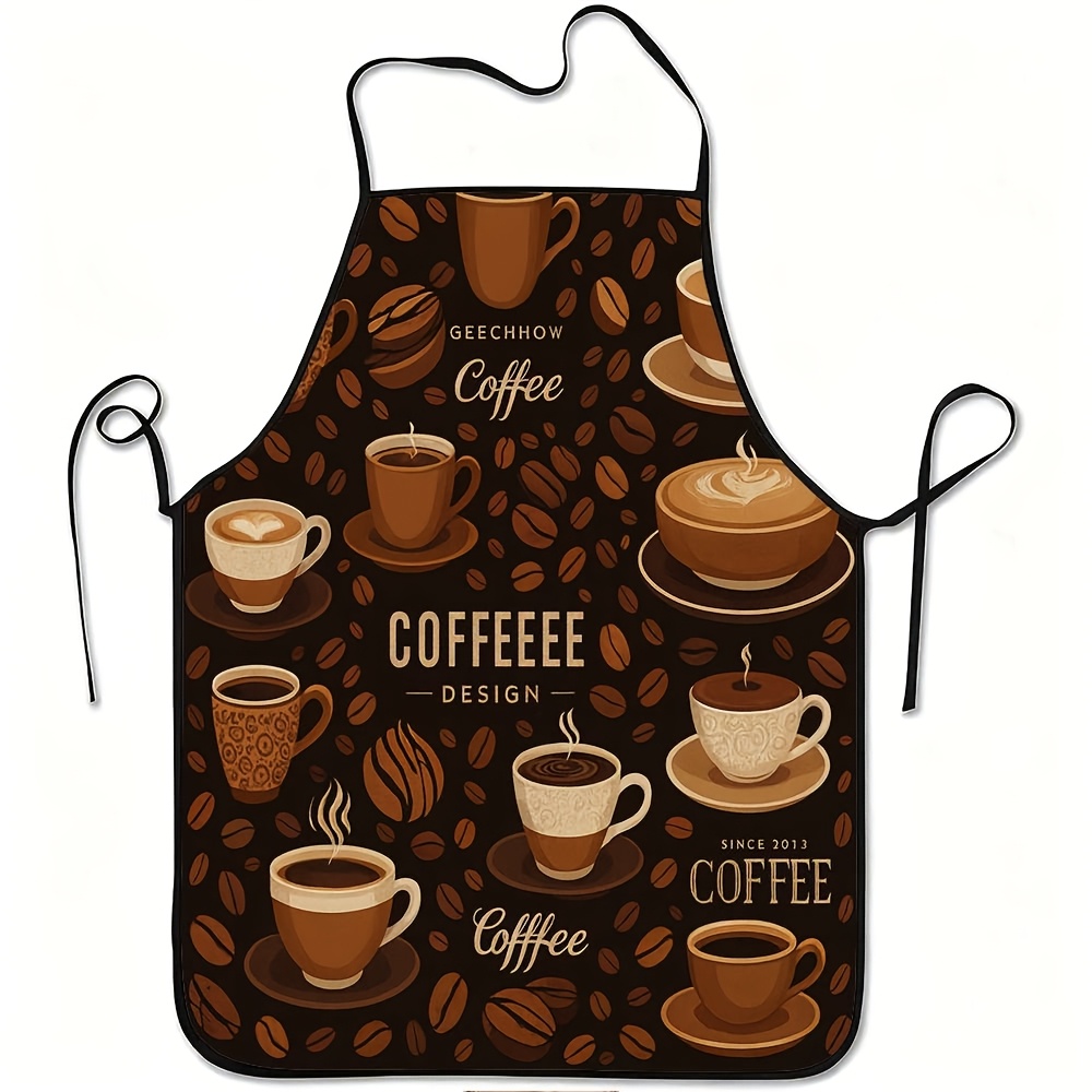 TEMU A Coffee-themed Apron Featuring Designs Of Coffee Beans And Steaming Cups - Made From Durable And Easy-to-clean Polyester Fabric, Suitable For