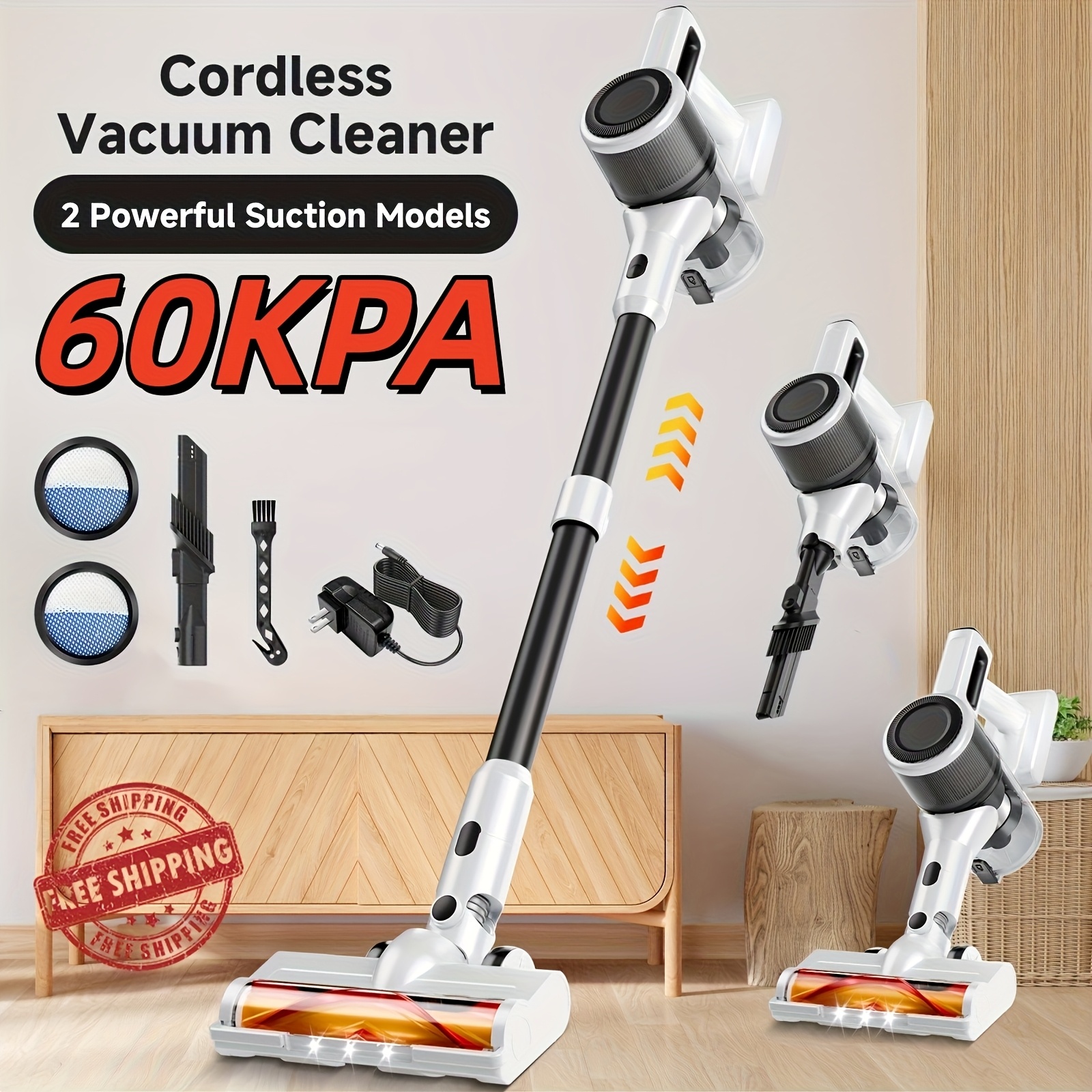 TEMU Aspirateur Puissant Max60Kpa, Aspirateur Balai Rechargeable, Aspirateurs pour Maison -Enchevêtrement Léger et Portable pour Sols Durs, Tapis,