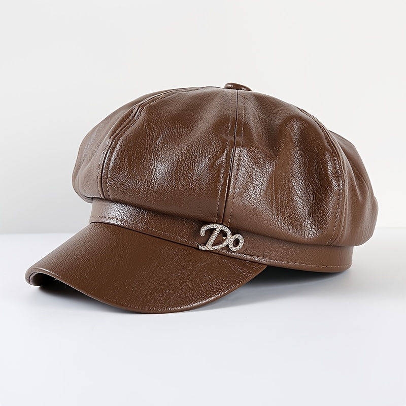 TEMU 1pc Women's British Style Pu Leather Beret Newsboy Cap, Vintage Octagonal Sun Hat, Lightweight Elegant Painter Hat, Suitable For Weddings,