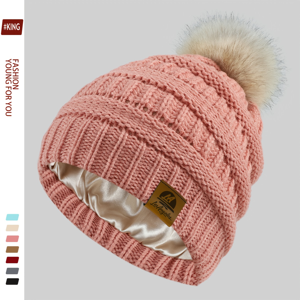 TEMU 1pc Christmas Theme Winter Hat Satin Lined Thickened "la Losangeles" Label Decor Men And Women Outdoor Thickened Warm Beanie Mother Loose Solid