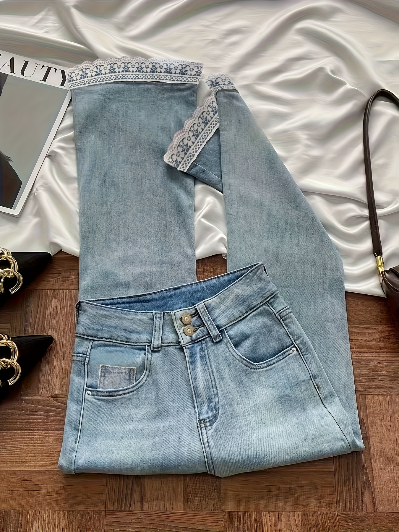fashionable lace lace denim pants loose casual - Temu Germany