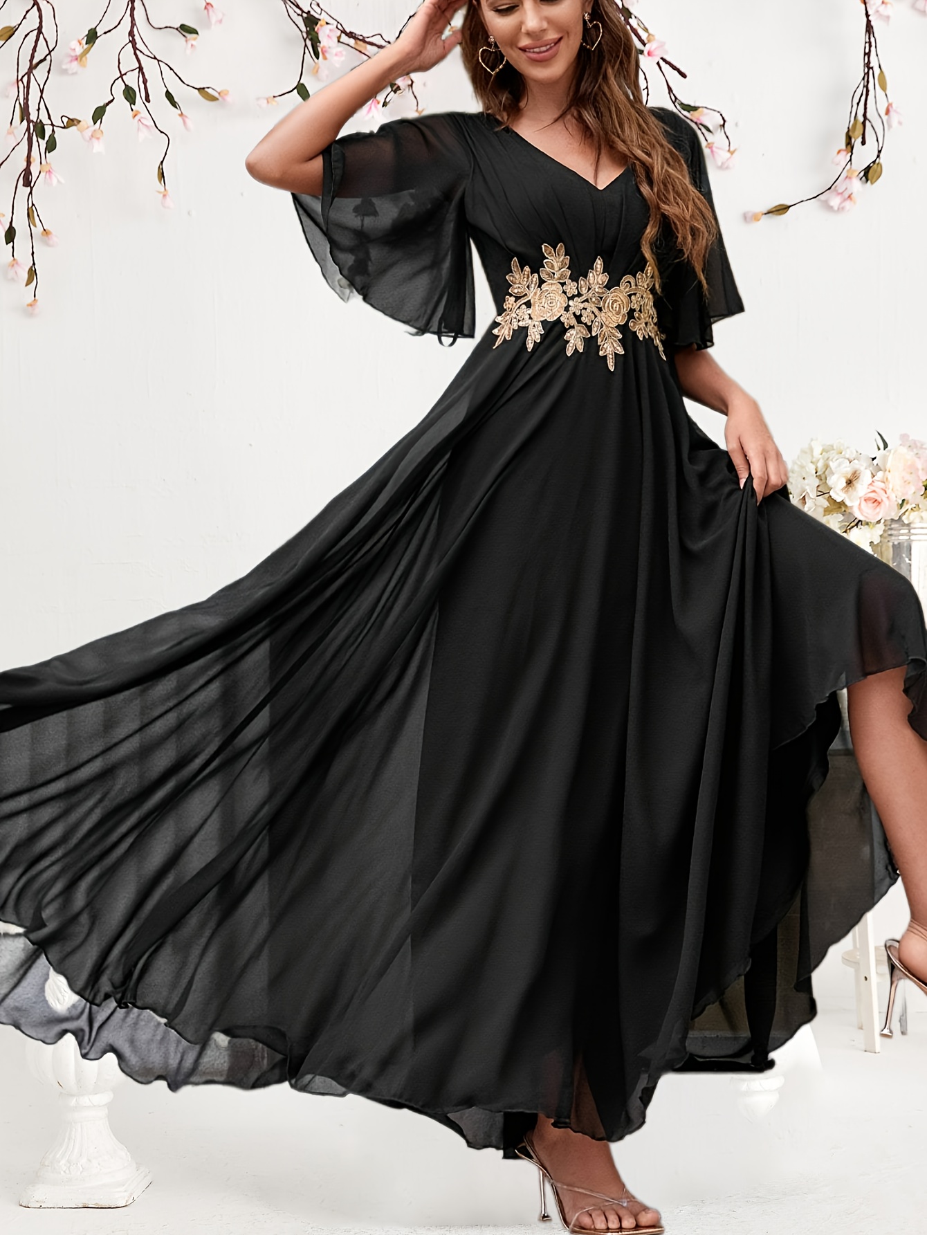elegant v neck chiffon maxi dress embroidered floral waist - Temu Spain