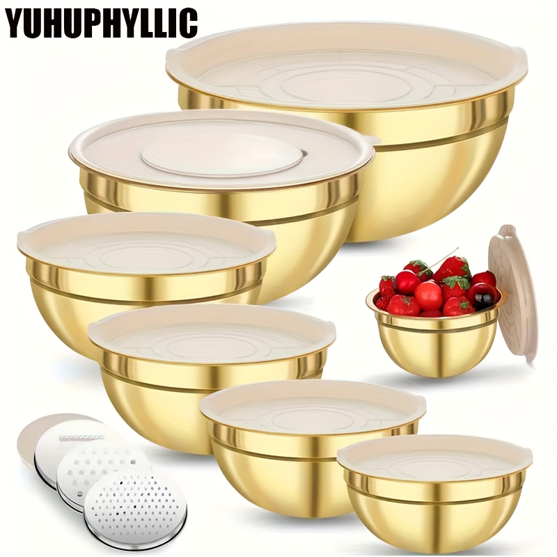 

Yuhuphyllic Set , 6 Steel Bowls 3 Grater Attachments, Nesting Metal , 4.5, 4, 3.5, 2.1, 1.5, 1.1qt, Suitable For Mixing And