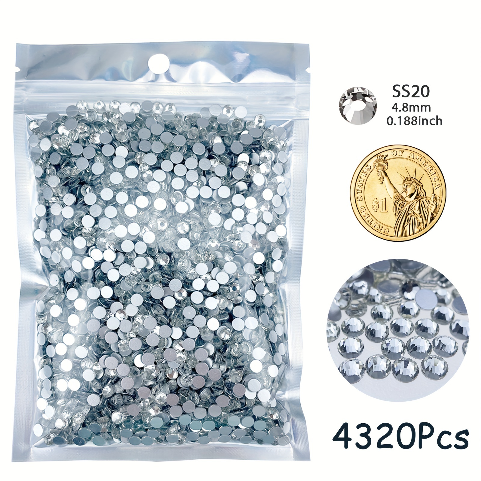 TEMU 4320pcs Flatback Rhinestones For Crafts Bulk Clear-crystals Gems Jewels 5mm-silver Gems For Nails Dance Costumes Clothes Shoes Tumblers Diy Wholesale