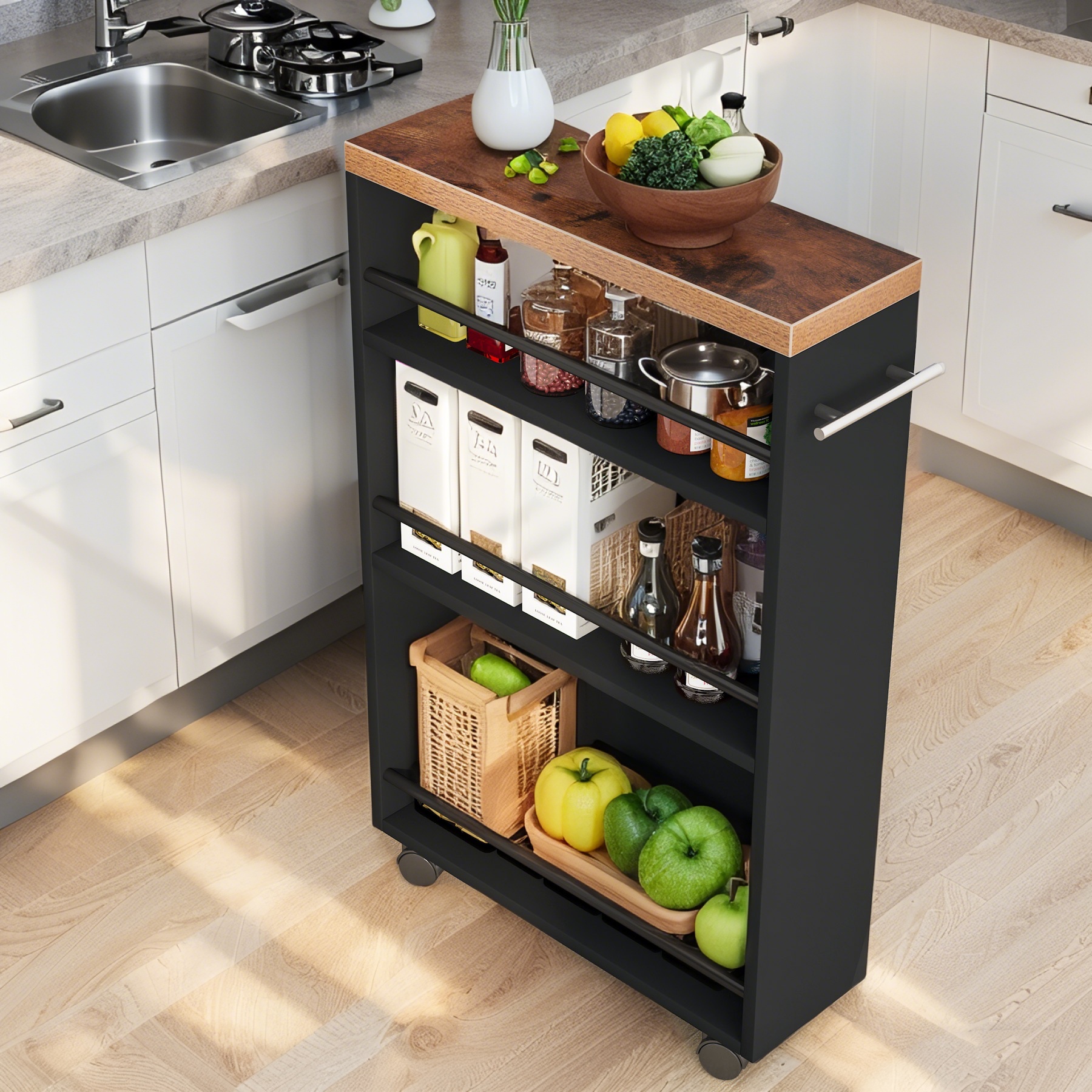 TEMU Slim Storage Cart With 4-tier Slide Out Shelves, Rolling Narrow Utility Cart On Wheels For Small Spaces, Kitchen, Bathroom, Laundry Room, With