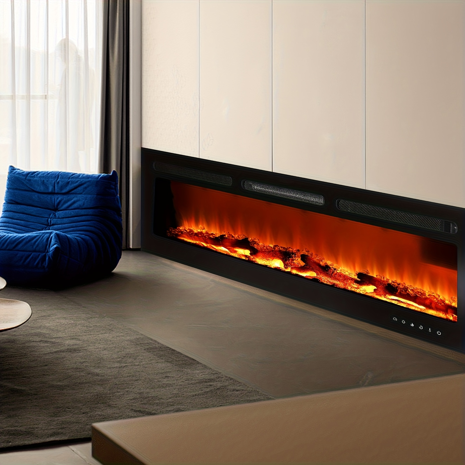 Image of 50 Inch Electric Fireplace Wall Recessed And Wall Mounted With Adjustable Flame Color, Fireplace Heater, Linear Fireplace With Timer, Touch Screen, Log And Crystal, 2000w