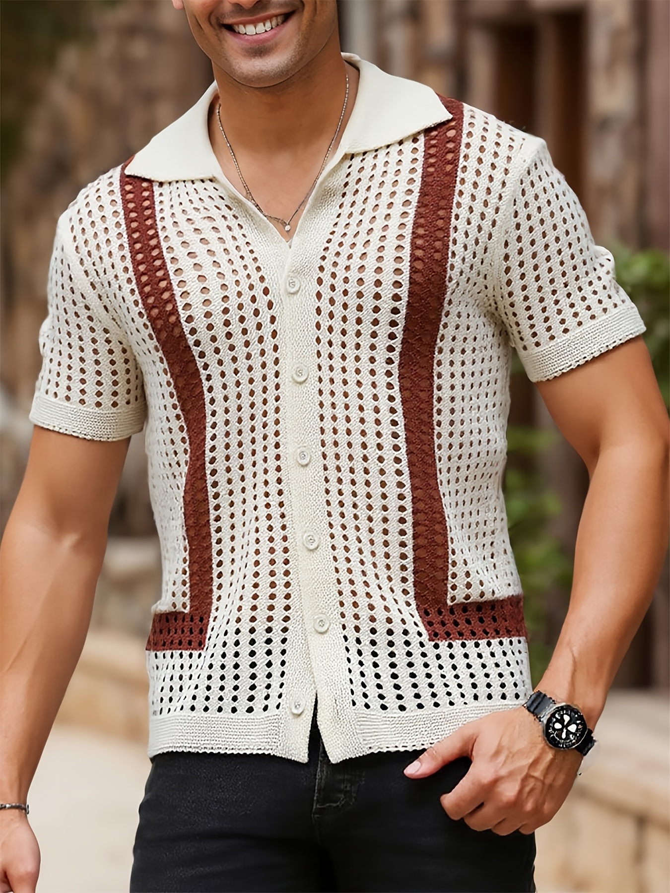 トップス Open-Knit Button-Through Shirt Patterned Open Knit Button Down Shirt - Blue/combo | Fashion