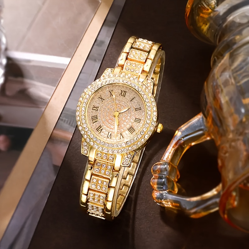1pc Reloj de cuarzo de moda para mujeres y conjunto de joyería, resistente a los golpes, pantalla analógica redonda, pulsera y caja de aleación, no incluye batería de botón - Incluye conjunto de 6 accesorios