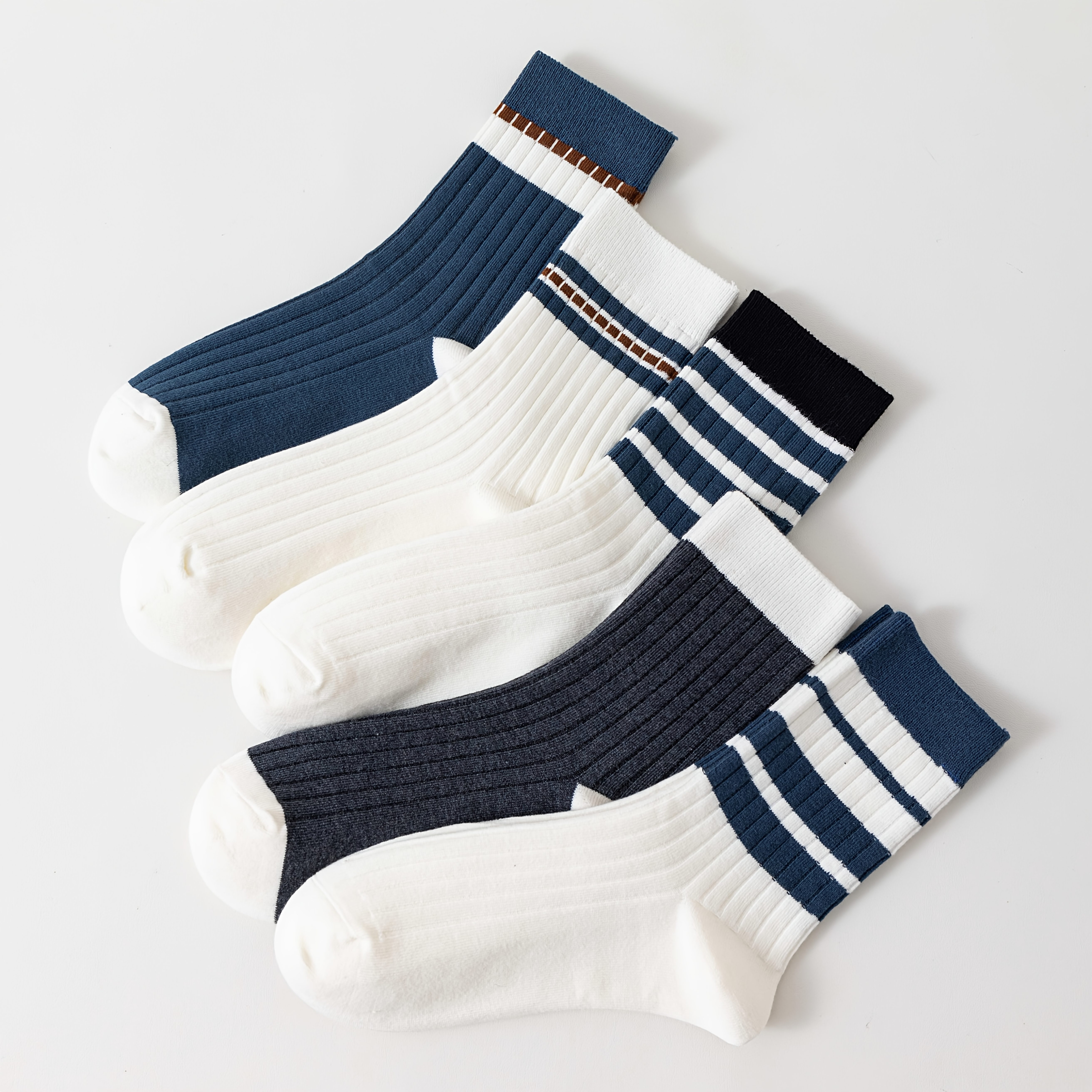 TEMU 5 Pairs Men's Blue -block Striped Mid-calf Socks, Easy Fashionable Trendy Outdoor Sports Casual Socks