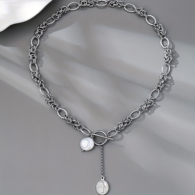 Stainless Steel Necklace with Baroque Pearl Pendant Vintage Style