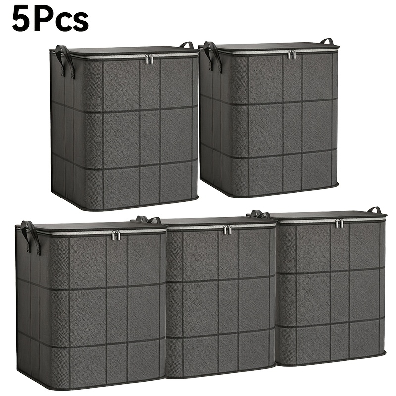 TEMU 5pcs Non-woven Fabric Storage Bins With Lid & Handles, Foldable Large Capacity Clothes Storage Boxes, Dustproof Closet Organizer For Bedding,