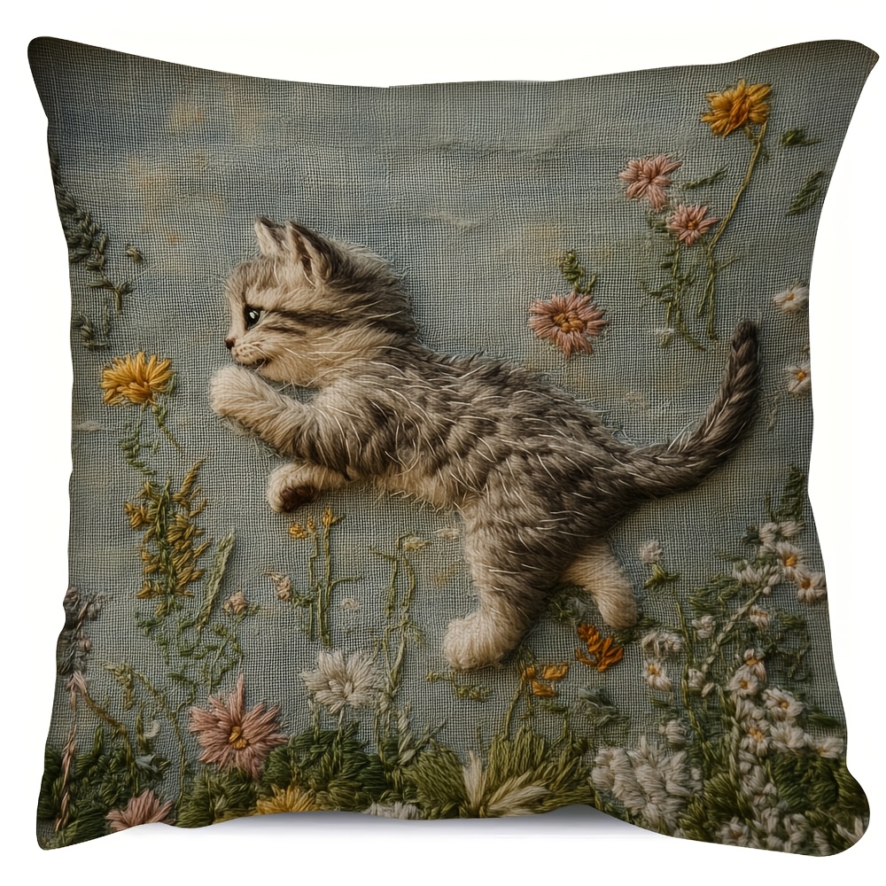 

1pc Kitten Embroidery- Short Plush Pillow Cover, Double-sided Halloween Christmas Print, 18x18 Inches, Zip Closure, Machine Washable, For Living Room & Bedroom, Bohemian Style