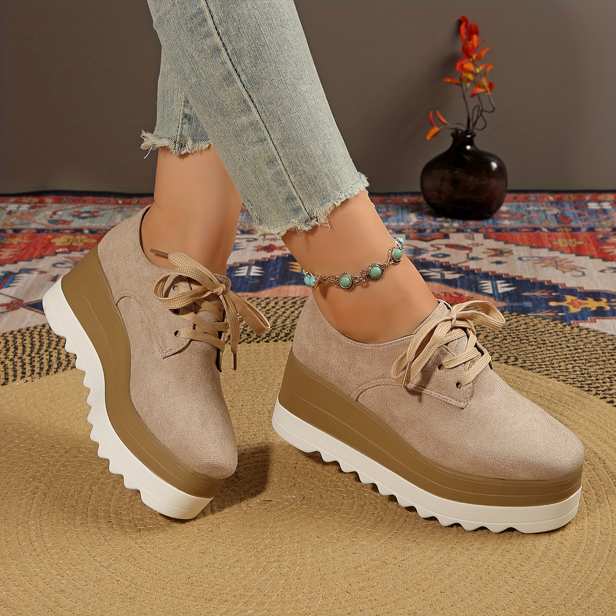 Plus Size Two-Tone Platform Thick Sole Lace-Up Flat Shoes for Women