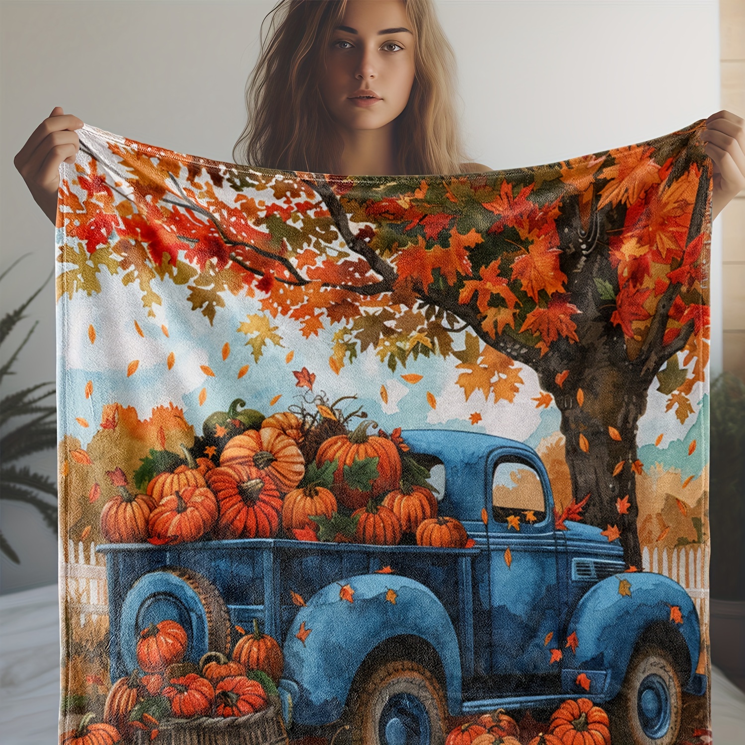 

Vintage Truck And Autumn Leaves Print Flannel Throw Blanket, Cozy Soft Warm Polyester Knitted Multipurpose Blanket For Sofa Bed Office Camping Travel, All-season Gift Blanket – 100% Polyester