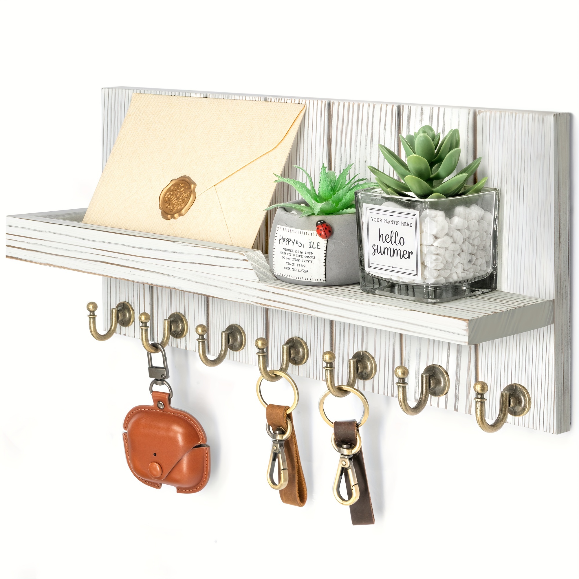 

Farmhouse Key And Mail Holder For Wall - Decorative Mail Organizer Wall Mount With 7 Hooks And Mounting Hardware - Elegant White Key Hanger For Entryway And Home Wall Decor