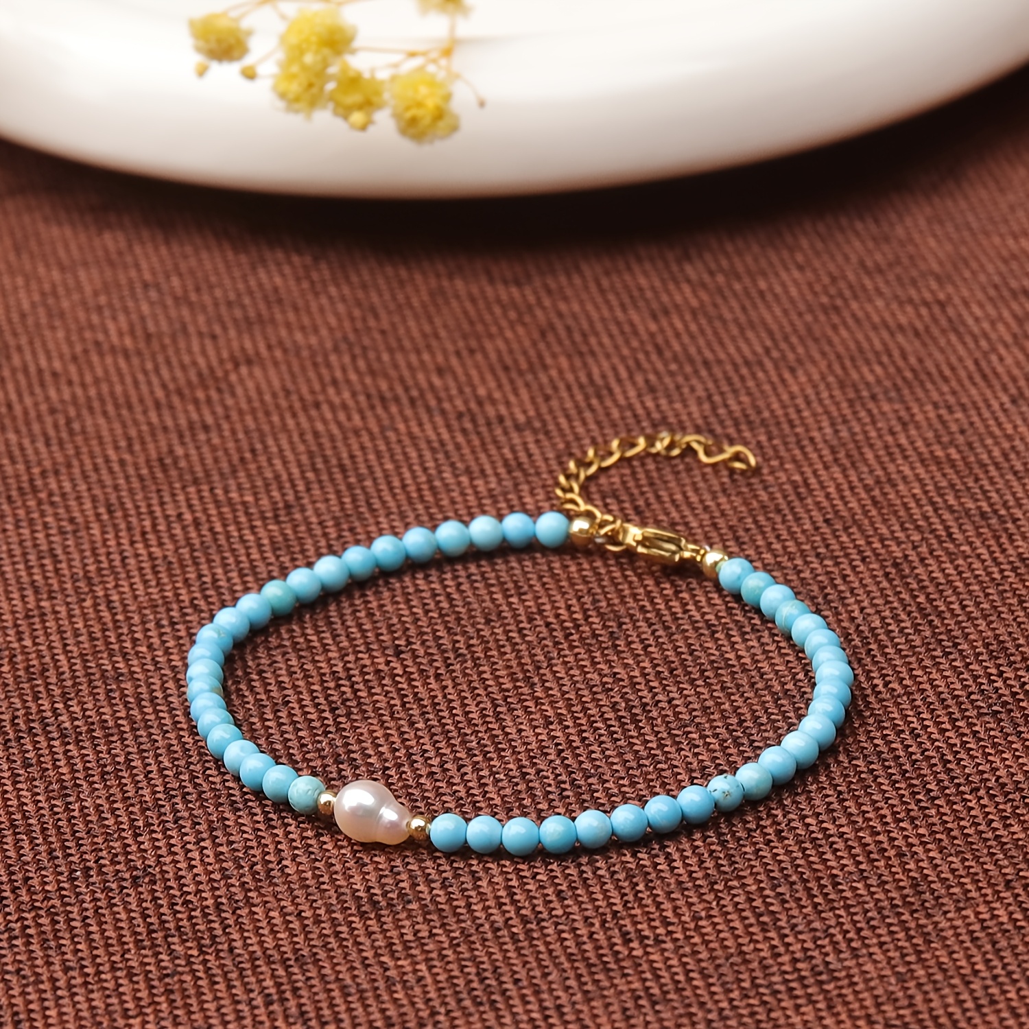 Minimalist Elegant Round Bead Turquoise Bracelet with Golden Accents