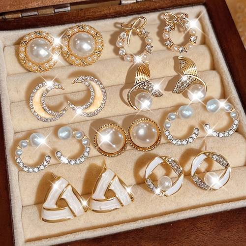 random 6 12 18pcs luxury elegant exquisite earring set moon mermaid tail bow garland oil imitation pearl womens matching jewelry gift ear stud set without box