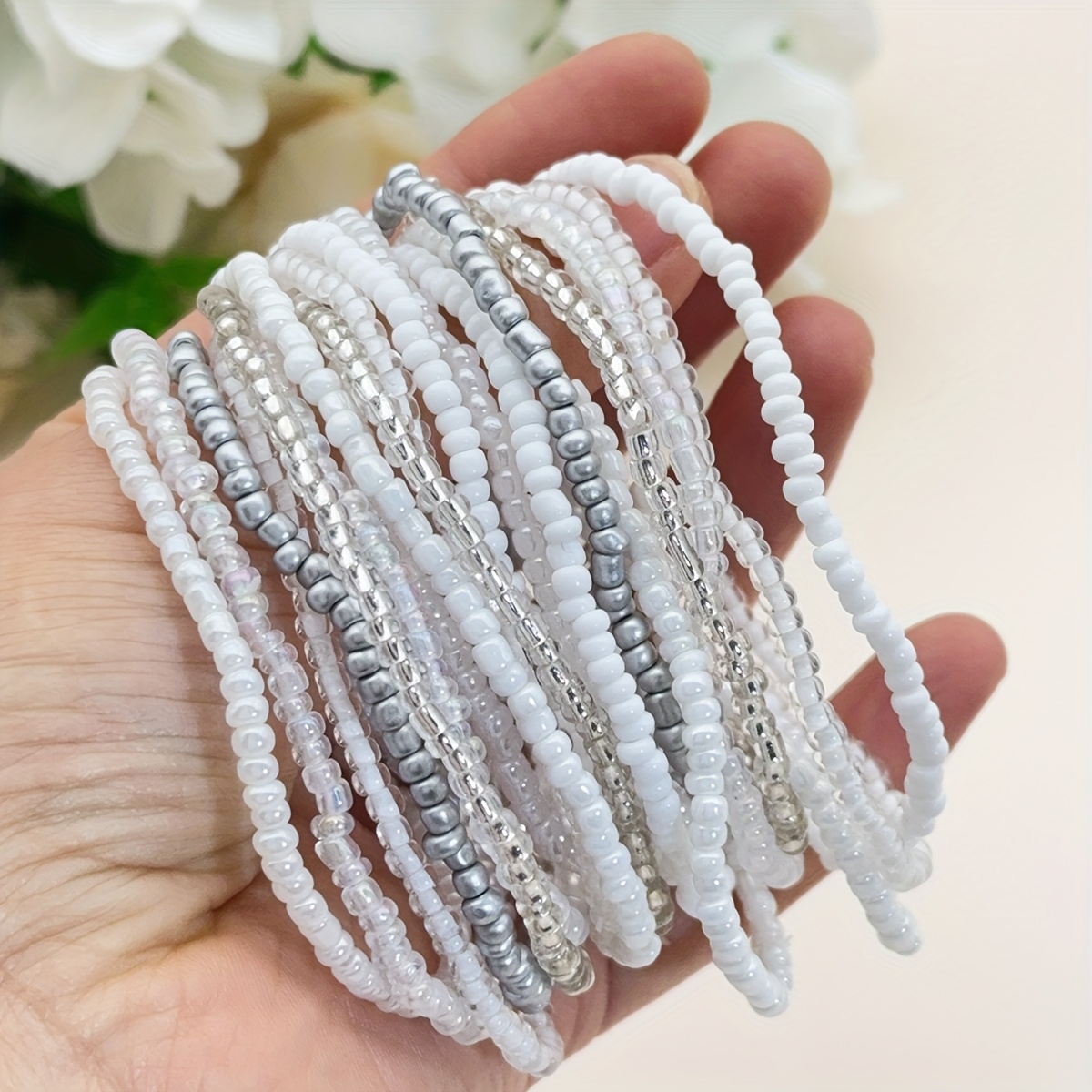 TEMU 18/60pcs Bohemian Rice Bead Stacked Elastic Dopamine Women's Bracelet Set, Multicolor In White, Black, Blue, Pink, Yellow, Purple, Green, Red -