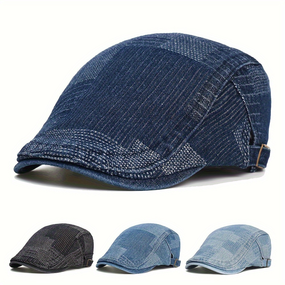 

Men's Adjustable Cotton Newsboy Cap - 100% Cotton Casual Denim Beret Hat, Vintage Style Cap With Geometric Patterns, Soft Woven Fabric With Slight Stretch, Hand Wash Or Dry Clean