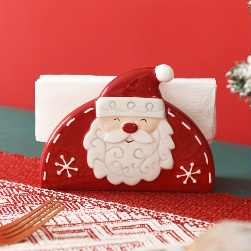 

Christmas Santa Claus Ceramic Napkin Holder - Decorative Tabletop Paper Tissue Stand, Embossed Cartoon Holiday Design