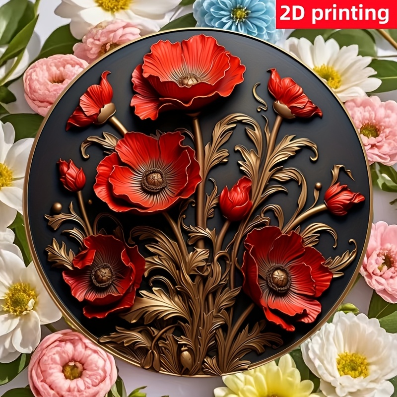 

A Vintage Wooden Round Sign Featuring A Red Poppy , Elegant Art Wall Decor Suitable For Bars, Cafes, Beach , And Backyards, Measuring 7.8x7.8 Inches.