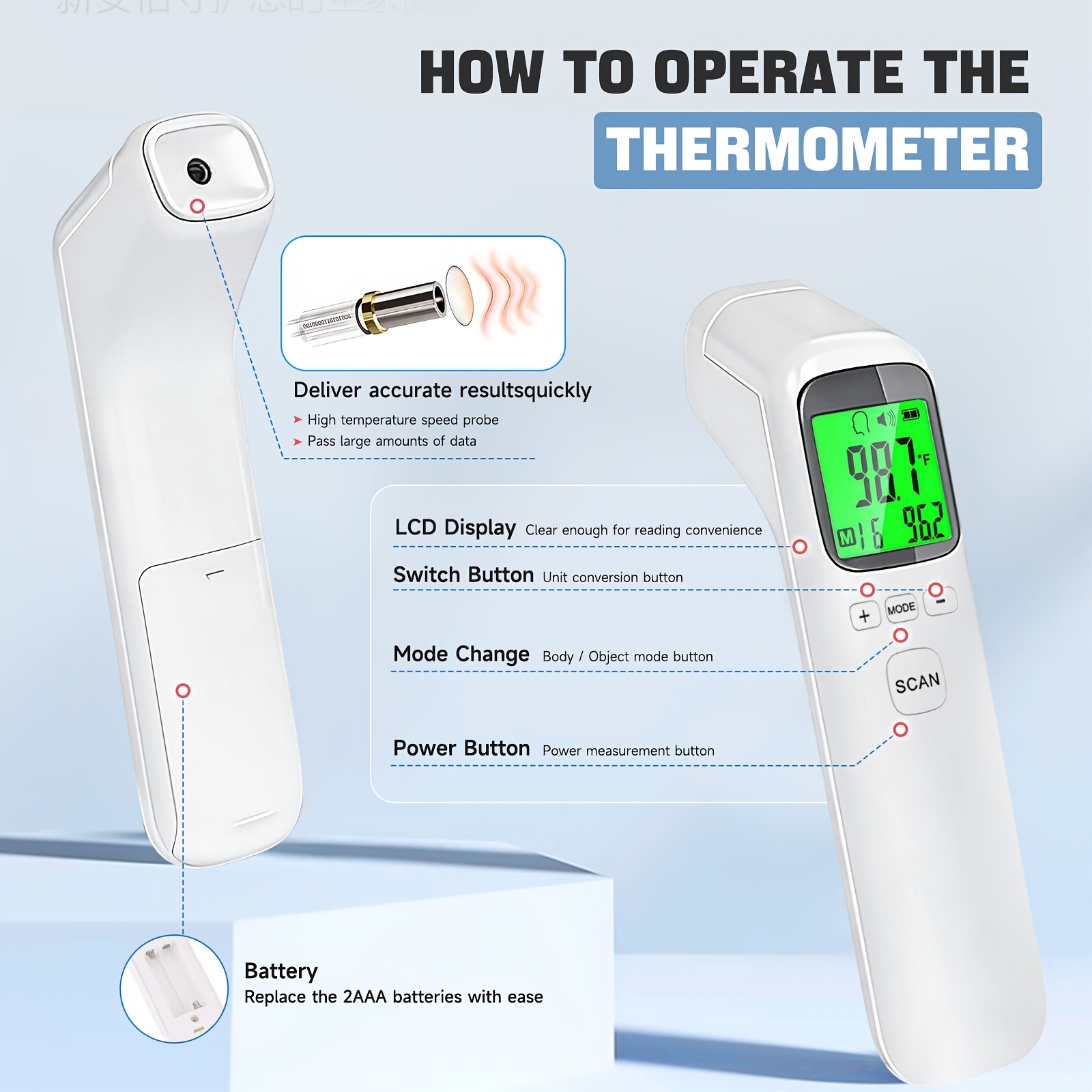 Puzxo Non-contact Thermometer, Suitable for Forehead And Object Surface, Accurate Reading In 1 Second, Equipped with LCD Display, 32 Sets Of Memory, Both Home And Clinical Use - Image 4