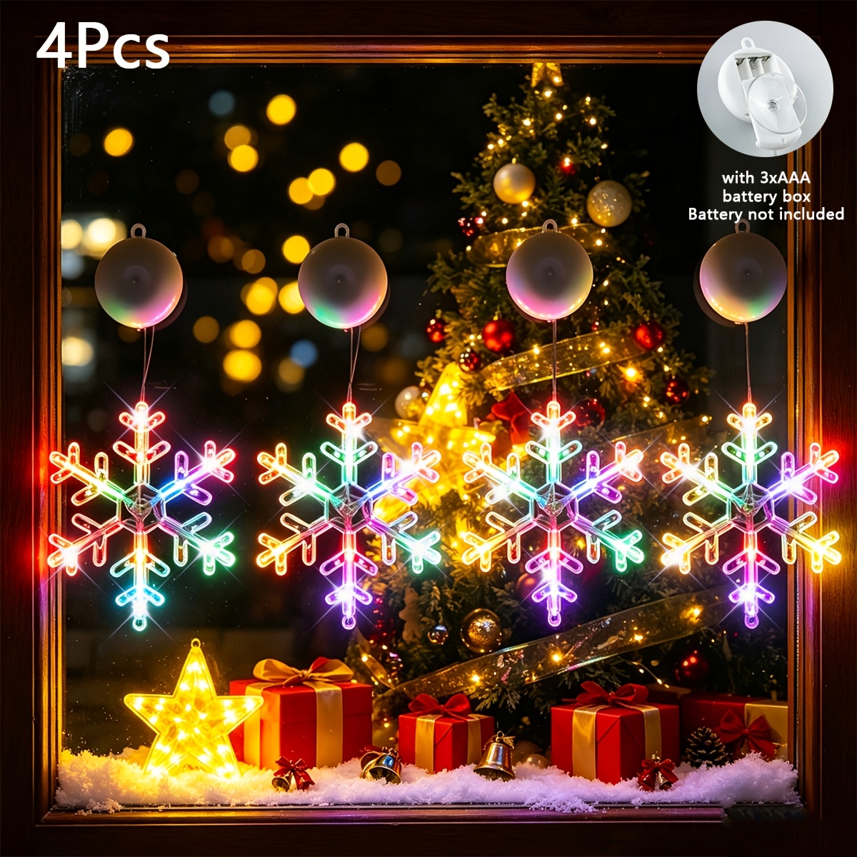 TEMU 4-pack, Warm White And Multicolor Led Snowflake Suction Cup String Lights, Christmas Lights, Hanging, Fall, Bedroom, Christmas Decorations,