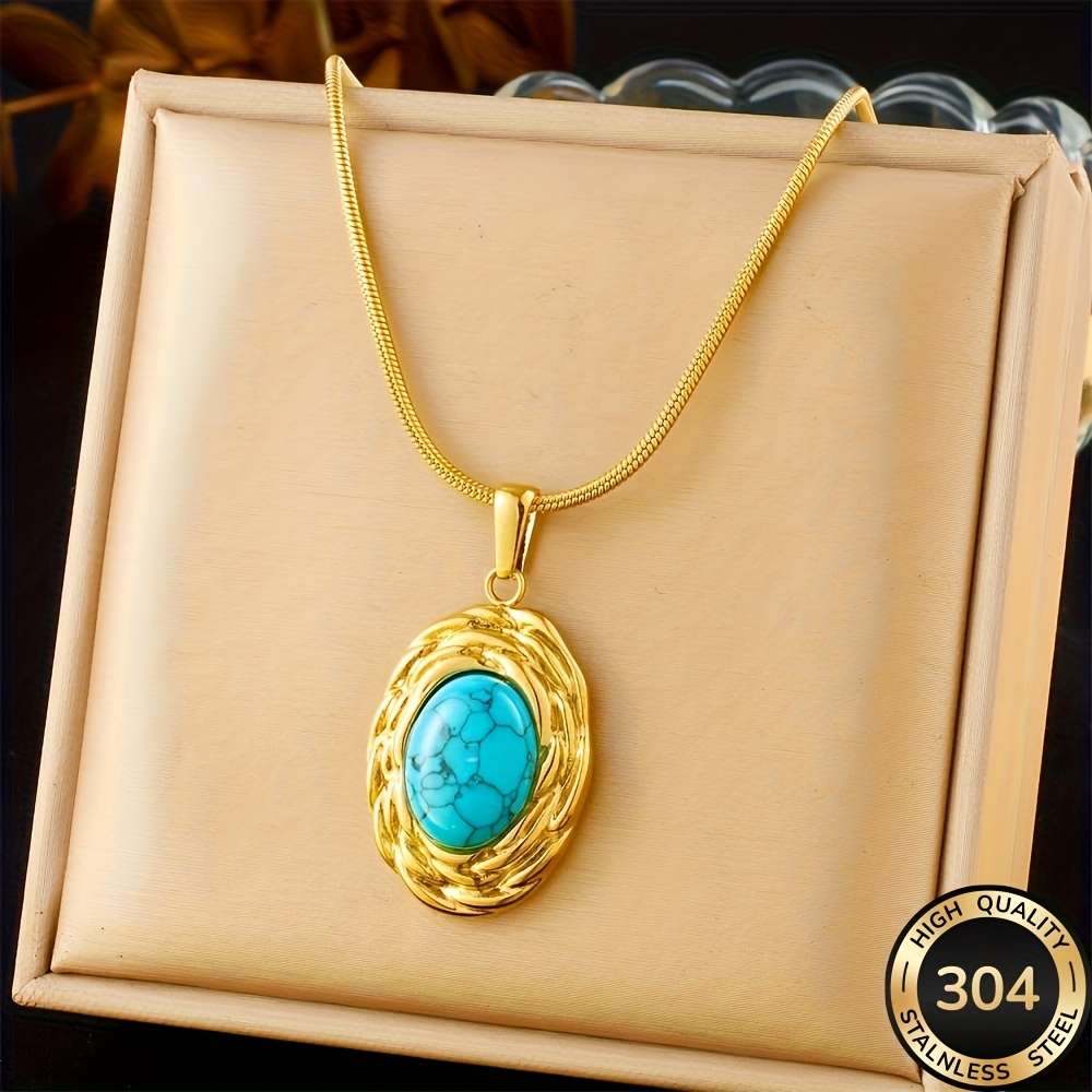 Image of French Fashion Simple Elegant Temperament Court Style Turquoise Pendant Golden 304 Stainless Steel Necklace