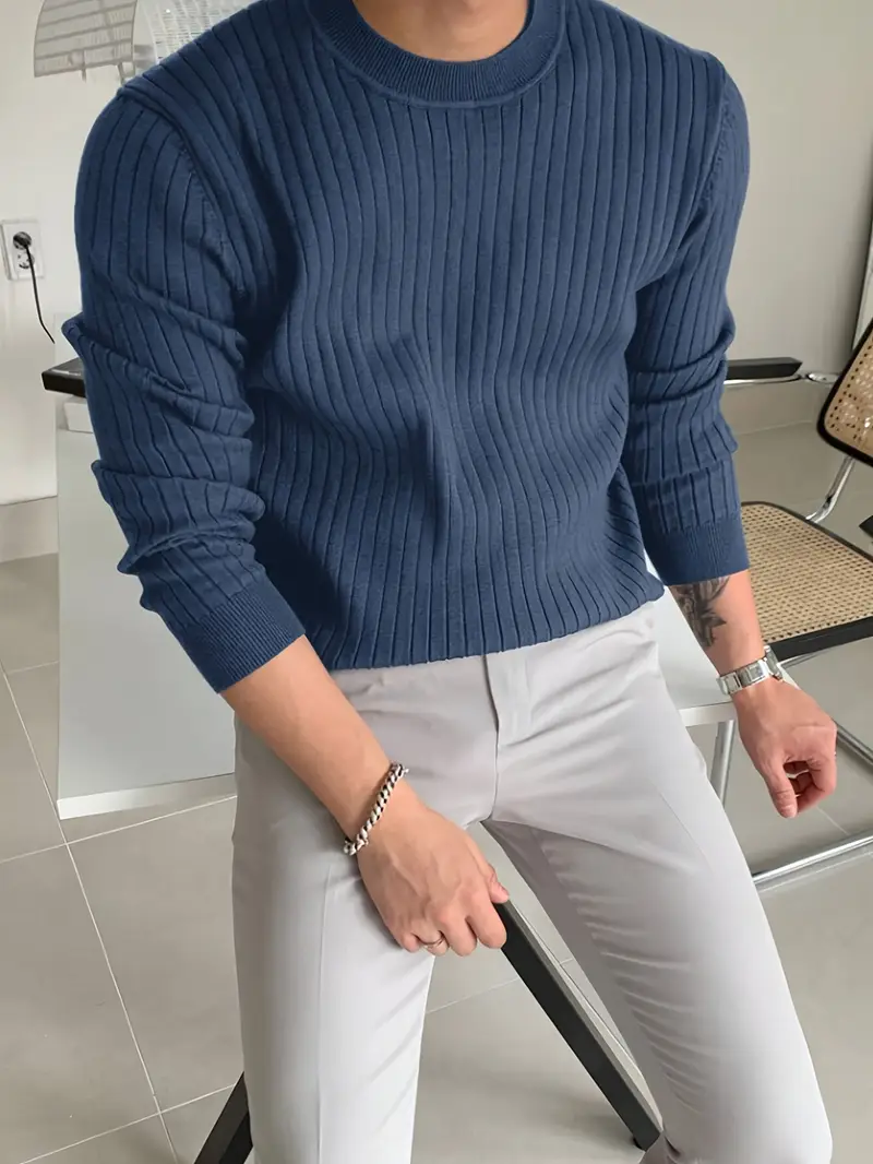 mens fashion casual crew neck long sleeve knit sweater regular fit ribbed pullover tops for spring and fall details 13