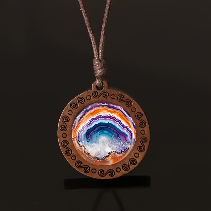 Multicolor Textured Wooden Necklace, Retro Style