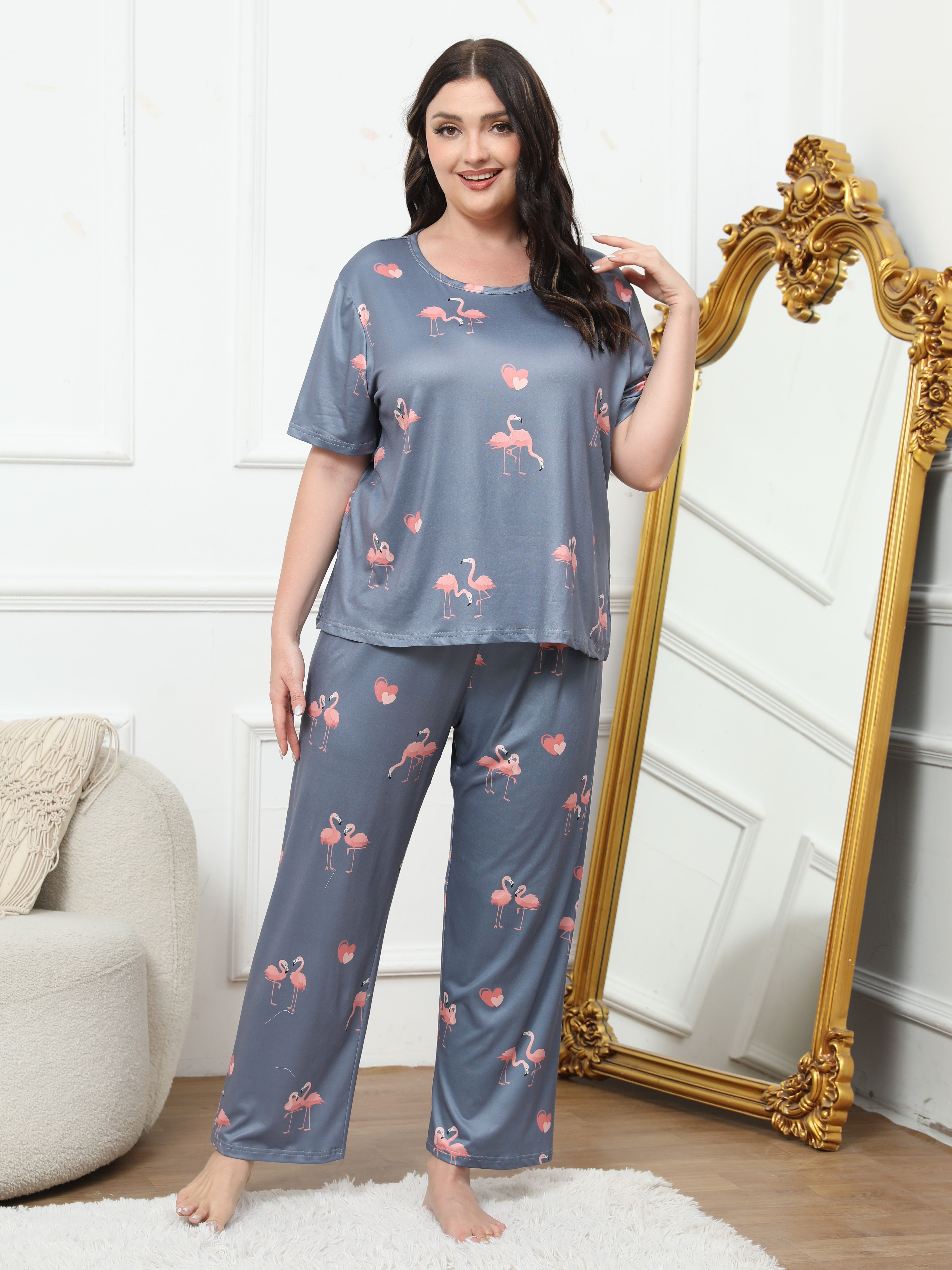 Plus Size Cute Pajama Set, Women's Plus Flamingo & Heart Print Round Neck  Cami Top & Pants Lounge Two Piece Set