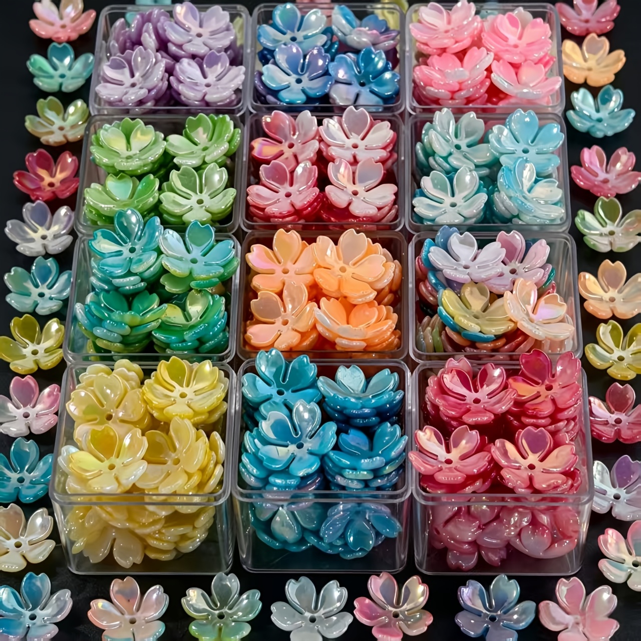 TEMU 46pcs 18Mm Perles Acryliques Transparentes Colorées Iridescentes Nacrées 3D Petites Fleurs, , Fruits de Monde, Fournitures de Perles pour Art,