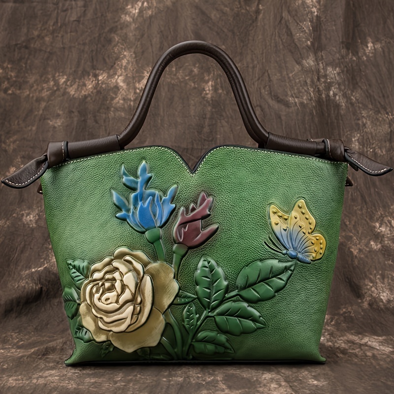 Romantic Vintage Floral Leather Handbag - Spacious Tote with Rose & Butterfly Embroidery - Genuine Leather, Versatile Shoulde...