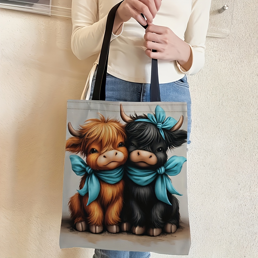 TEMU 1pc Women's Highland Cow Tote Bag, Cute Cow Print With Turquoise Bow - Large Capacity Lightweight Handbag For School, Gym, Travel - Brown/