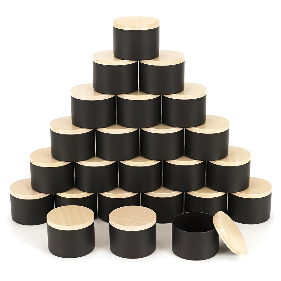 

24-pack Metal Candle Tins With Wood Grain - 8oz Black Candle Making Jars For Diy Crafts, Storage, And Gifts - Airtight Containers With