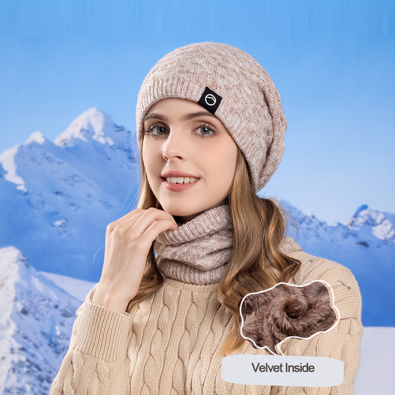 

Women's 2pcs Winter Set: Cozy Fleece-lined Beanie & Scarf - Stretchy, Solid Color, Ear-covering Knit Hats For Skiing, Running & Outdoor Activities