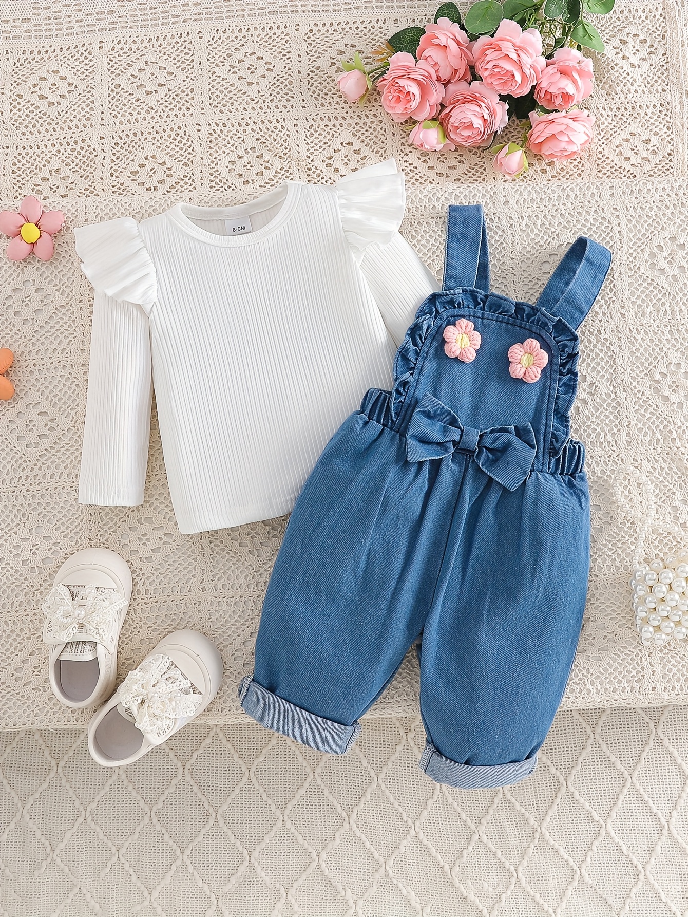 Baby Girl Outfit Consisting of 2pcs: Denim Overalls And a Stretchy Top  Outdoor