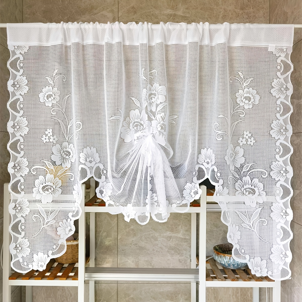 1pc Solid Color Lace Style Sheer Curtain, Easy Hanging, Design, Arched Door Window Canopy, For Living Room, Kitchen Decor