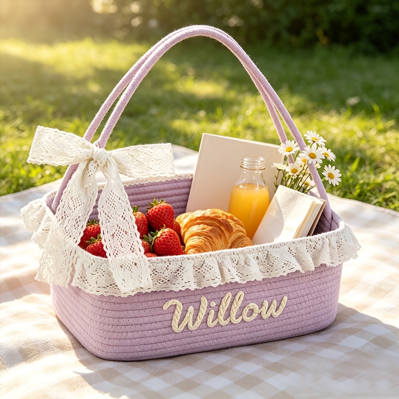 Custom Name Storage Basket with Lace Trim, Handheld Organizer