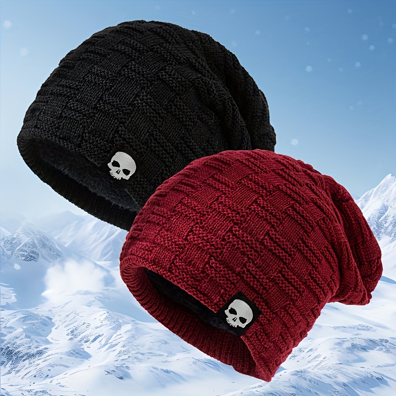 TEMU Ensemble de 2 bonnets tricotés à avec étiquette en tissu tendance, ensemble de bonnets pull doublés -froid pour /hiver, style couple, bonnets