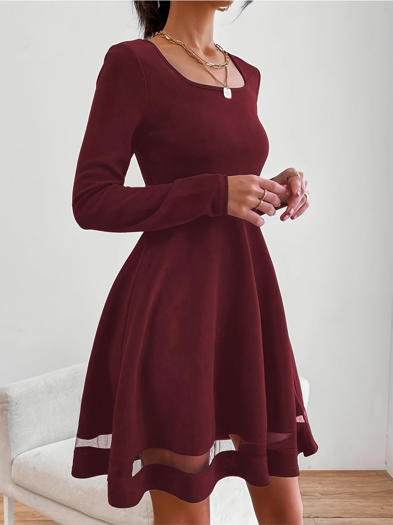 Contrast Lace Sweetheart Neck Dress Elegant Solid Midi Party
