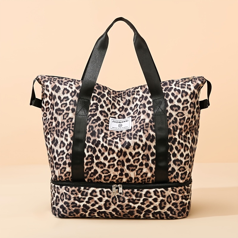 Women's Leopard Print Travel Duffel Bag With Shoes Compartment, Large Capacity Weekender Overnight Gym Fitness Yoga Tote For Travel, Short Trips, Daily And Vacation Use