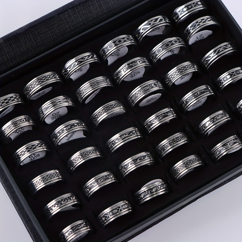 TEMU 10 Pcs Vintage Style Simple Black Stainless Steel Spinner Rings Set, Unisex, For Everyday Outfits, Holiday, Party Accessory, Gift - Assorted Sizes