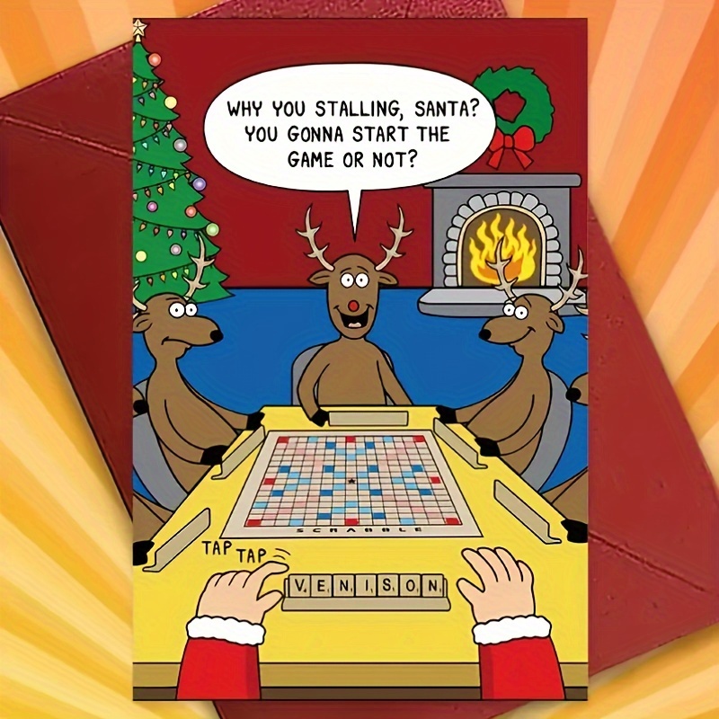 

1 Humorous Christmas Greeting Card With Santa And Playing A Game, Personalizable, Perfect Gift For , Envelope Included - Cartoon Pattern For Any Recipient