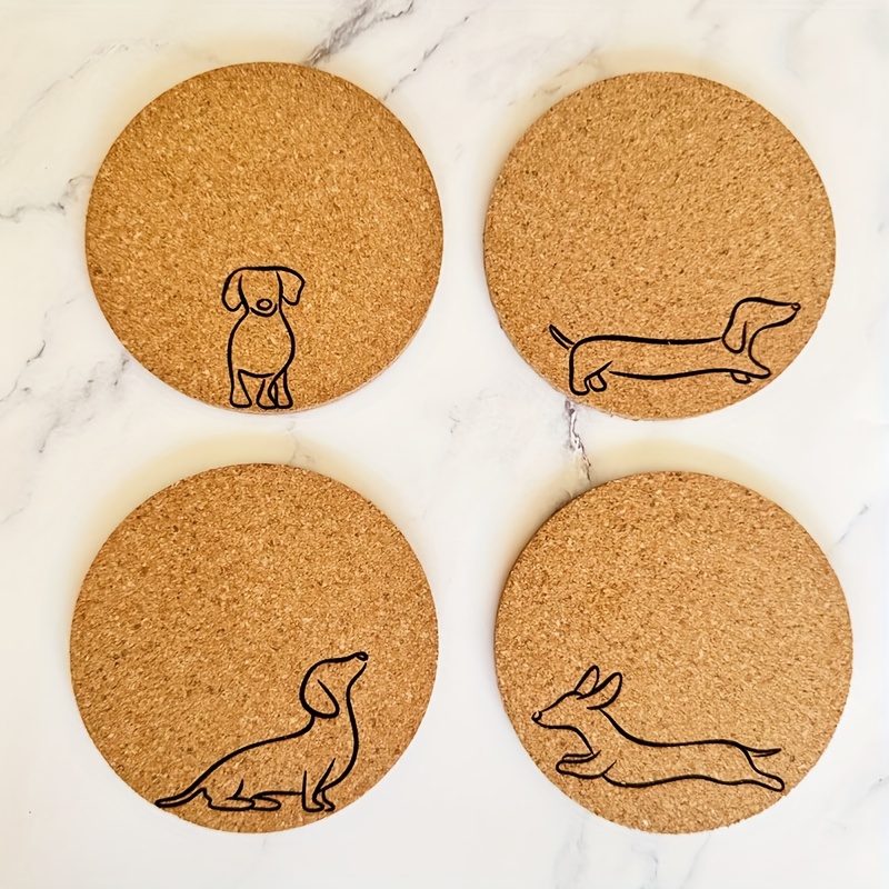 TEMU 4pcs Creative Soft Cork Coasters, Country Style Restaurant Decoration Coasters, Dog Lovers Carved Cute Dachshund Pattern Soft Cork Coasters,
